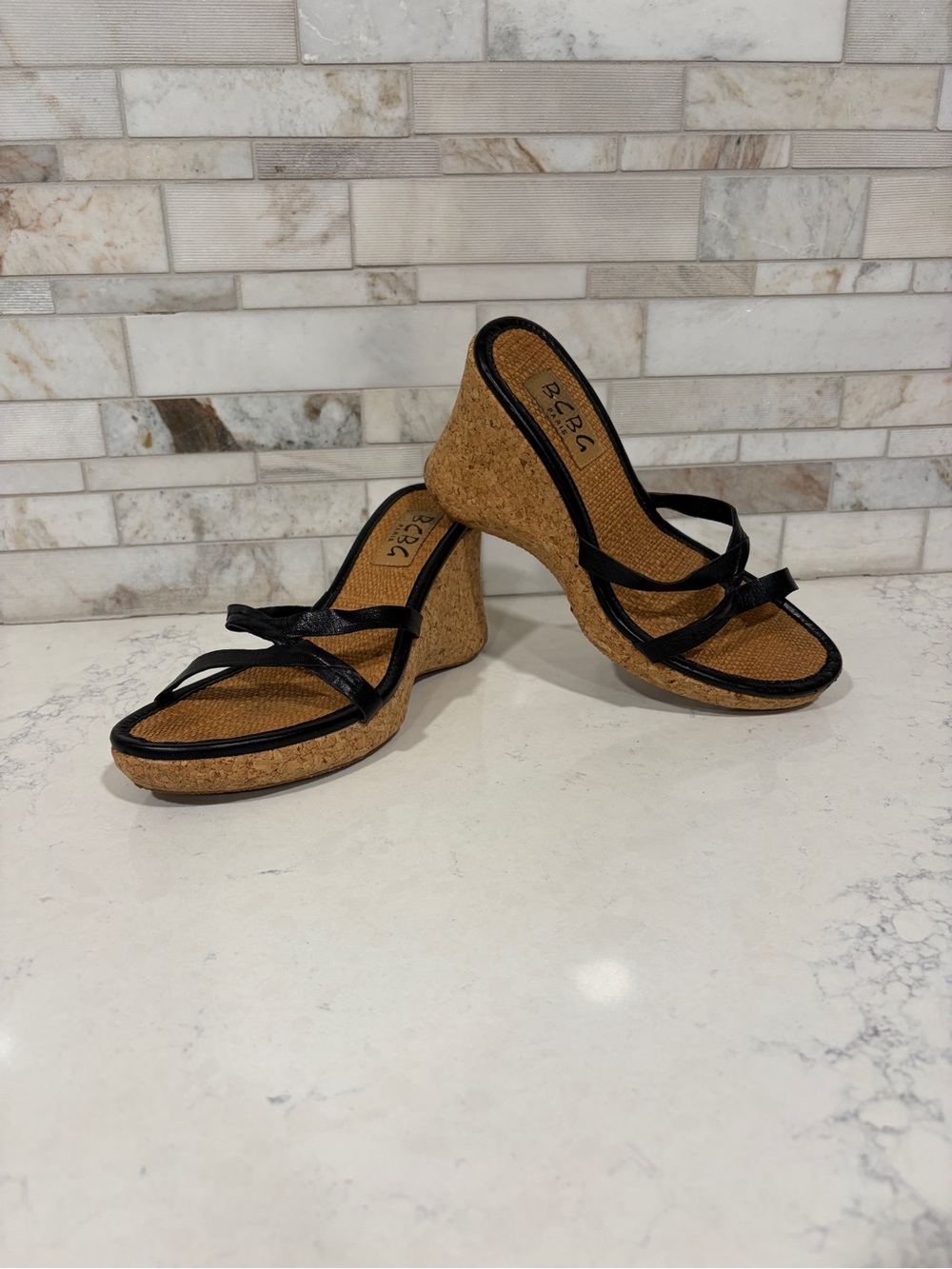 BCBG Women’s Black Strappy Cork Platform Wedge Sandals Sz 7